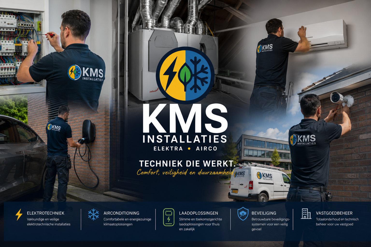 Collage van KMS-installaties: elektra, airconditioning, laadpaal, warmtepomp en zonnepanelen